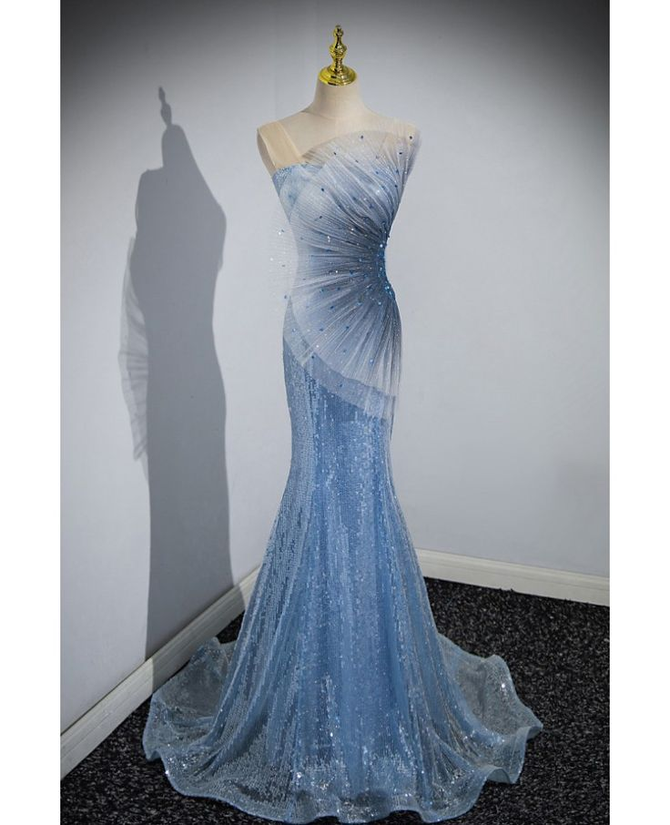 Stylish Mermaid Sequin Blue Scalloped Prom Dress Shiny Party Evening Dress