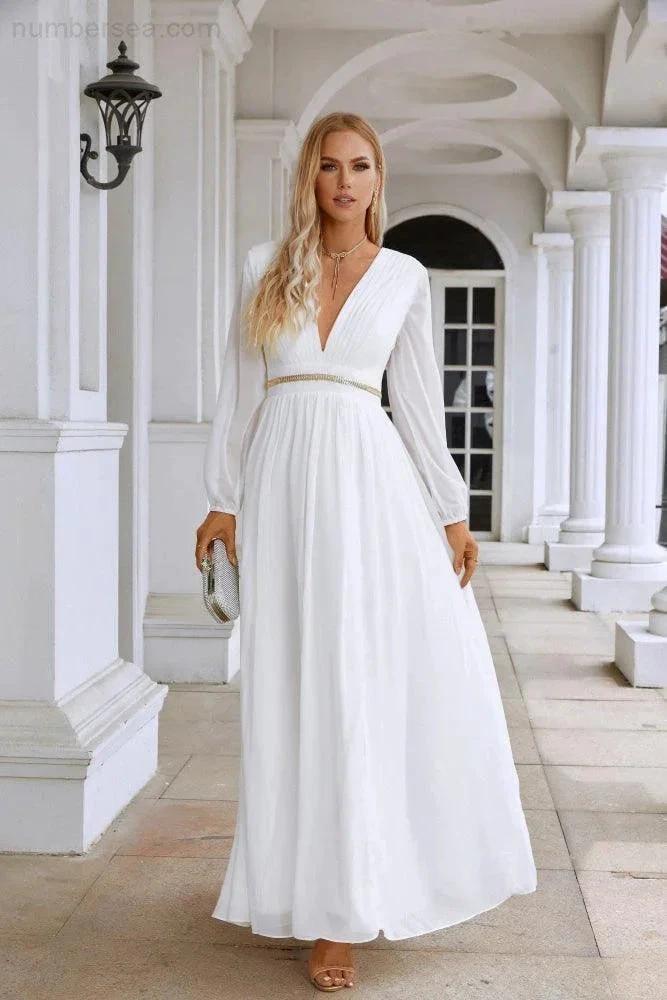 Ladies V Neck Chiffon Long Sleeve Front Slit Bridesmaid Evening Dress Wedding Party Shopping Evening Dress 28109 (ZD16991)