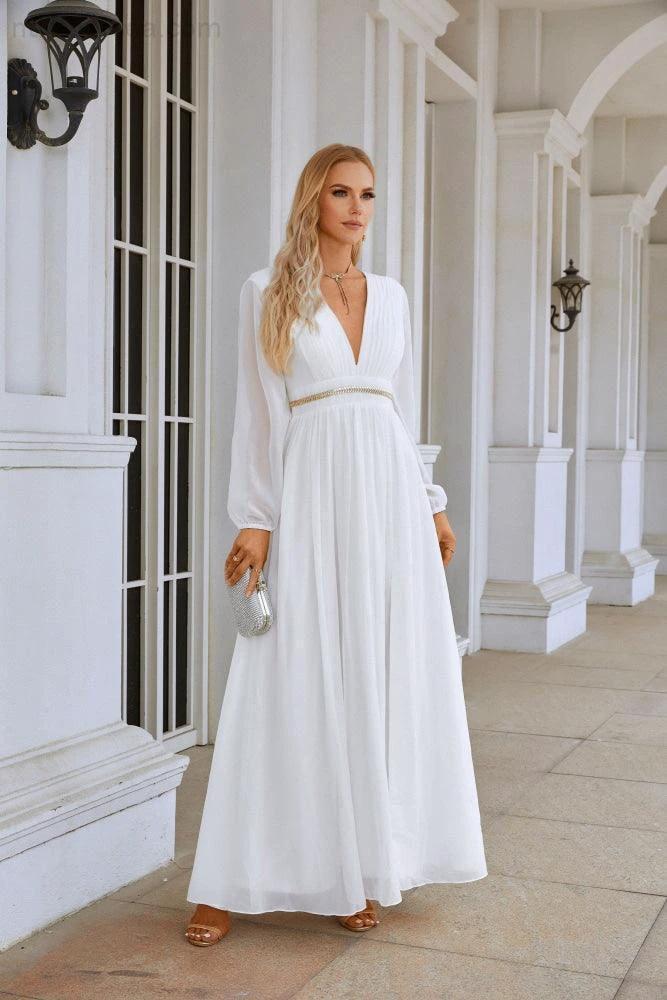Ladies V Neck Chiffon Long Sleeve Front Slit Bridesmaid Evening Dress Wedding Party Shopping Evening Dress 28109 (ZD16991)