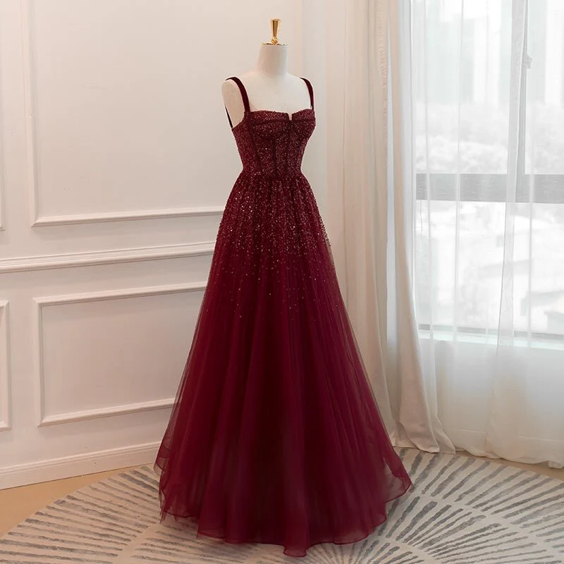 Burgundy Tulle Sequins A-Line Ball Gown Glitter Party Evening Dress - FashionDia