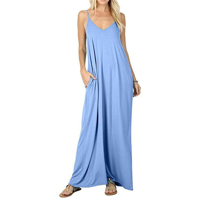 Park Stroll Cotton Linen Pocketed Midi Dress Denim Blue