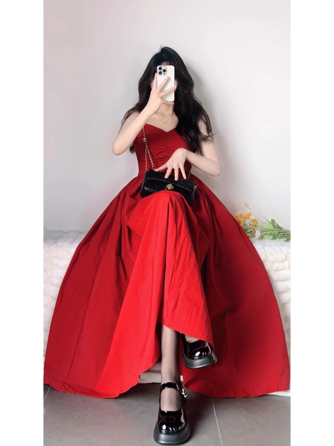 Chic A-Line Spaghetti Straps Red Backless Ruffles Long Prom Dresses Birthday Outfits - FashionDia