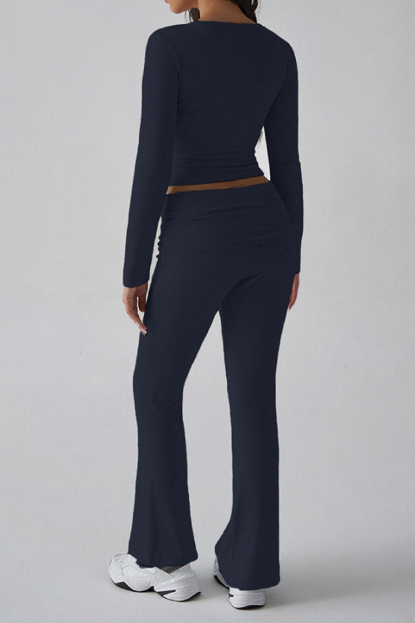 Solid Color Casual Knitted Long-sleeved Top Yoga Wear Two-piece Pants Set