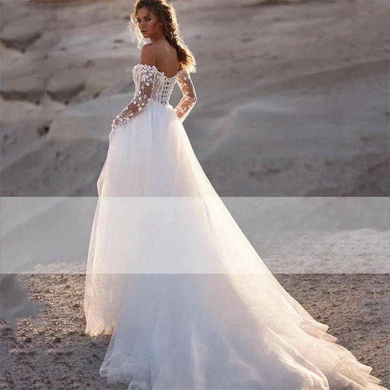 Elegant A-Line Wedding Dress 2023 Women Lace Open Back Strapless Long Detachable Sleeve Bridal Gown Sweep Train Vestido De Noiva (ZD13357)