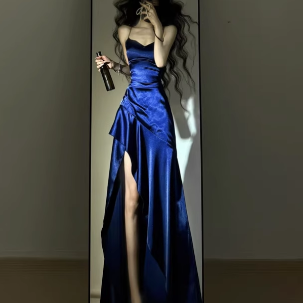 Spaghetti Straps Royal Blue Long Prom Dress Ruffle Satin Evening Dress J8602