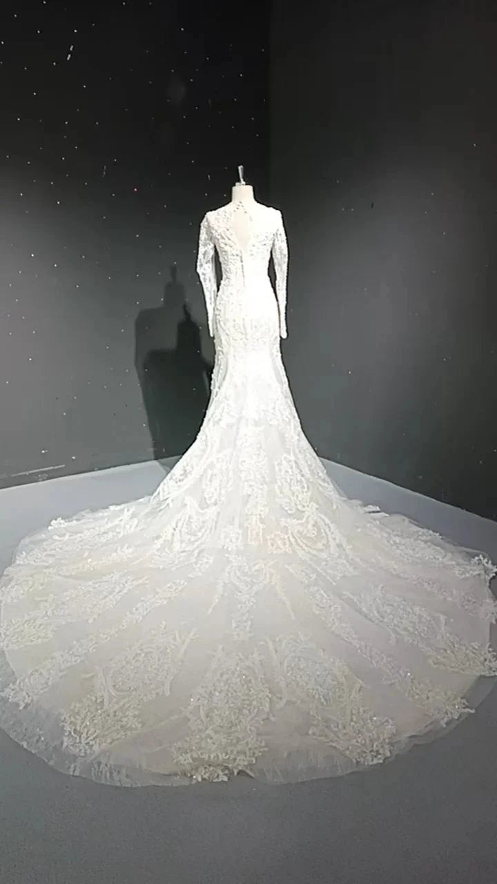 V-neck long sleeved luxurious nail bead trailing bridal veil (ZD16770)