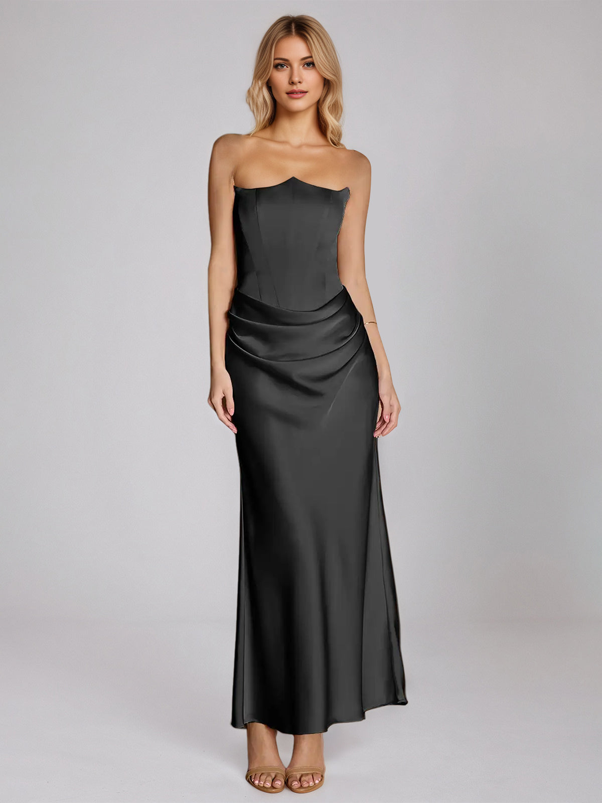Black Satin Sheath/Column Off-the-Shoulder Sleeveless Floor-Length Dress - FashionDia