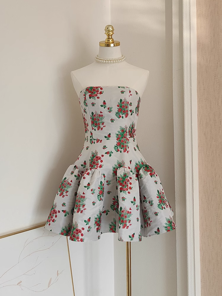 Cute A line Strapless Sleeveless Red Floral Party Dress Short Birthday Dresses