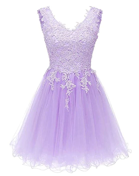 Light Purple Tulle Short Homecoming Dress, Lavender Applique Prom Dress Formal Dress - FashionDia