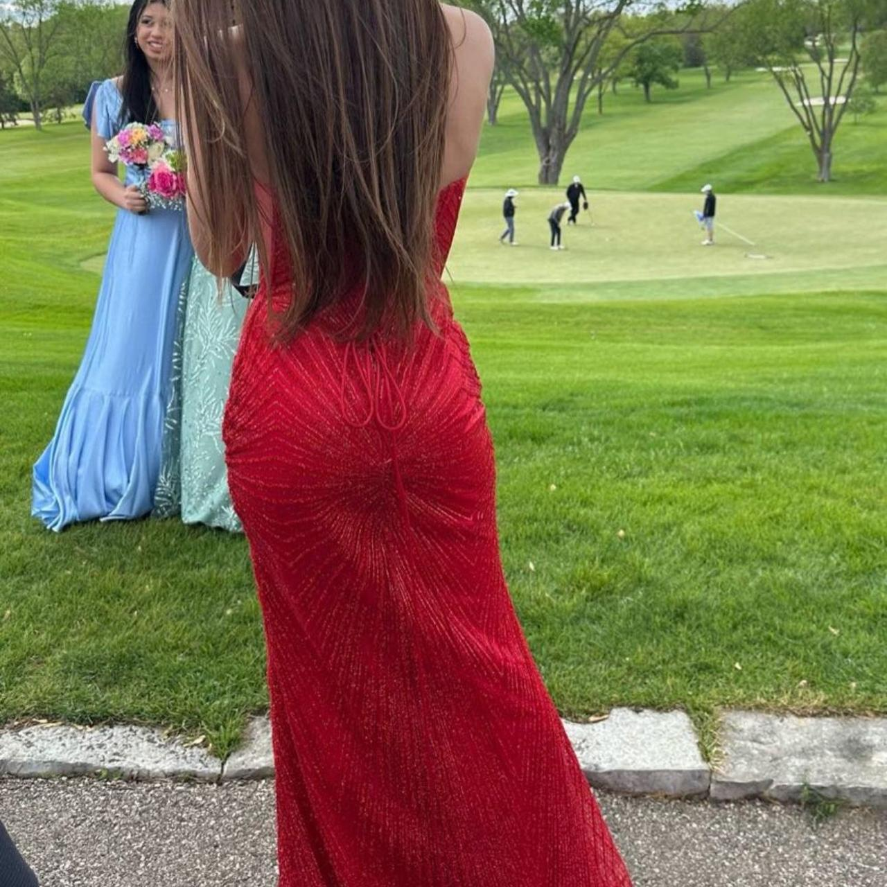 Shiny Strapless Red Satin Beaded Mermaid Evening Gown Formal Birthday Party Dress