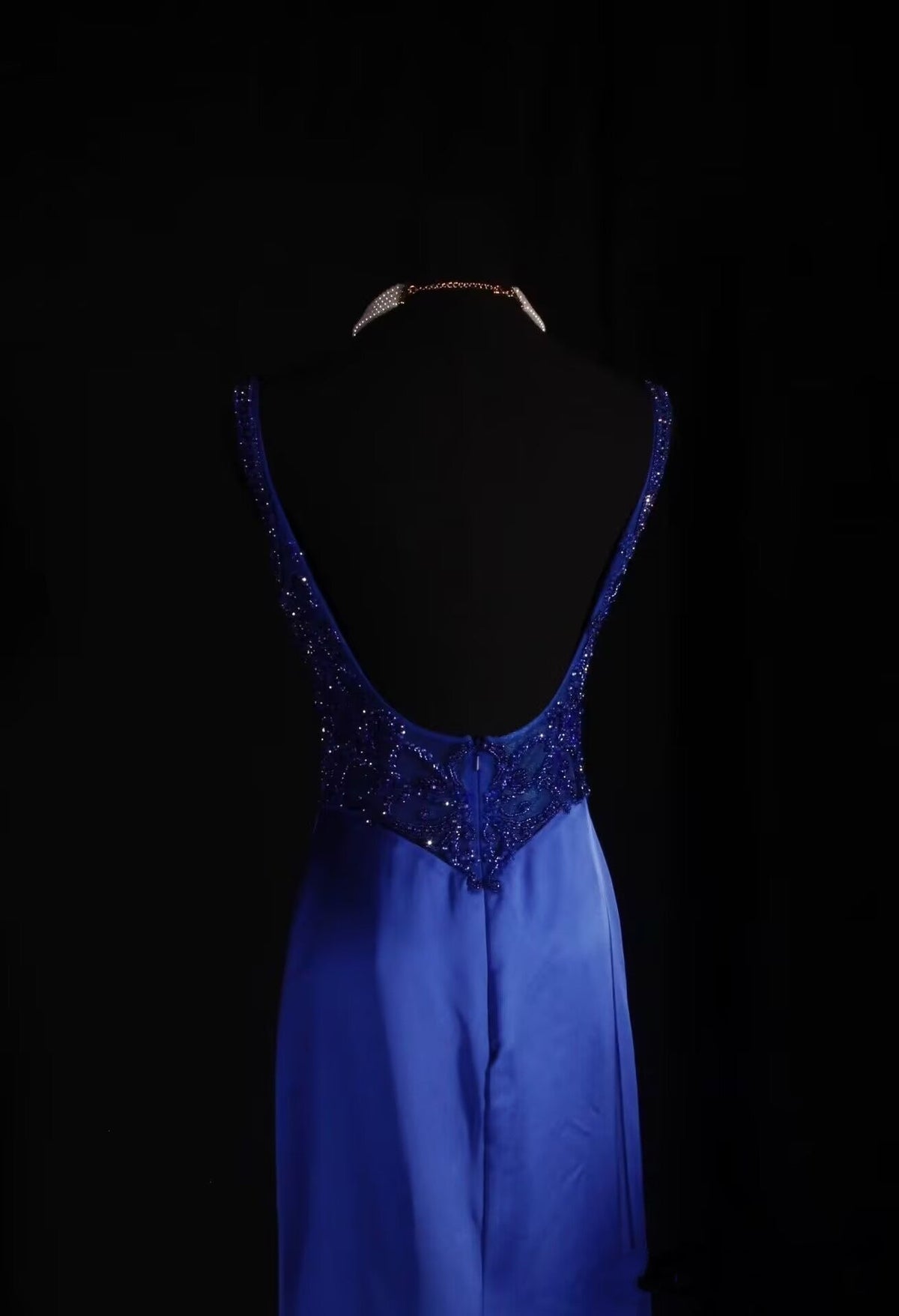 Elegant Backless Long Prom Dress Royal Blue Beaded Evening Dress J8048