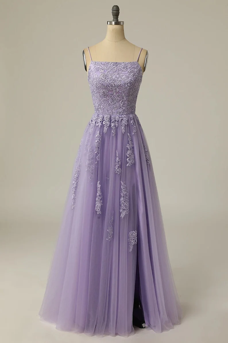 A-Line Bateau Appliques Spaghetti-Straps Sleeveless Prom Dresses - FashionDia