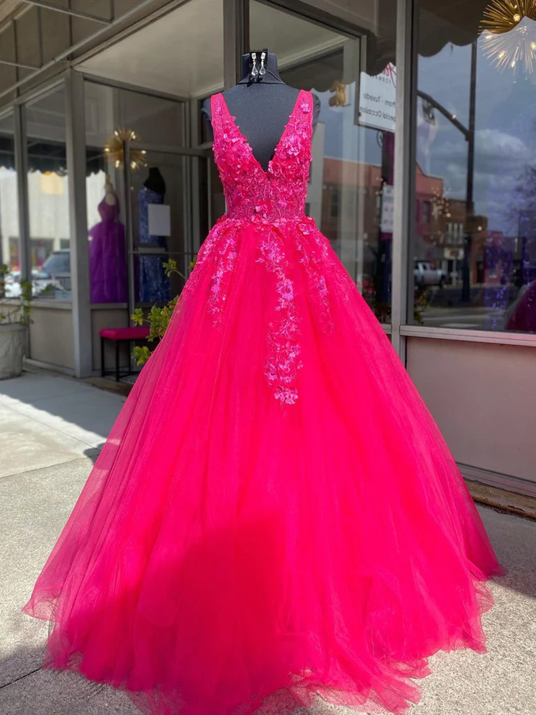 V Neck Pink Lace Prom Dresses, Pink V Neck Long Lace Formal Evening Dresses Y227 - VelvetHem