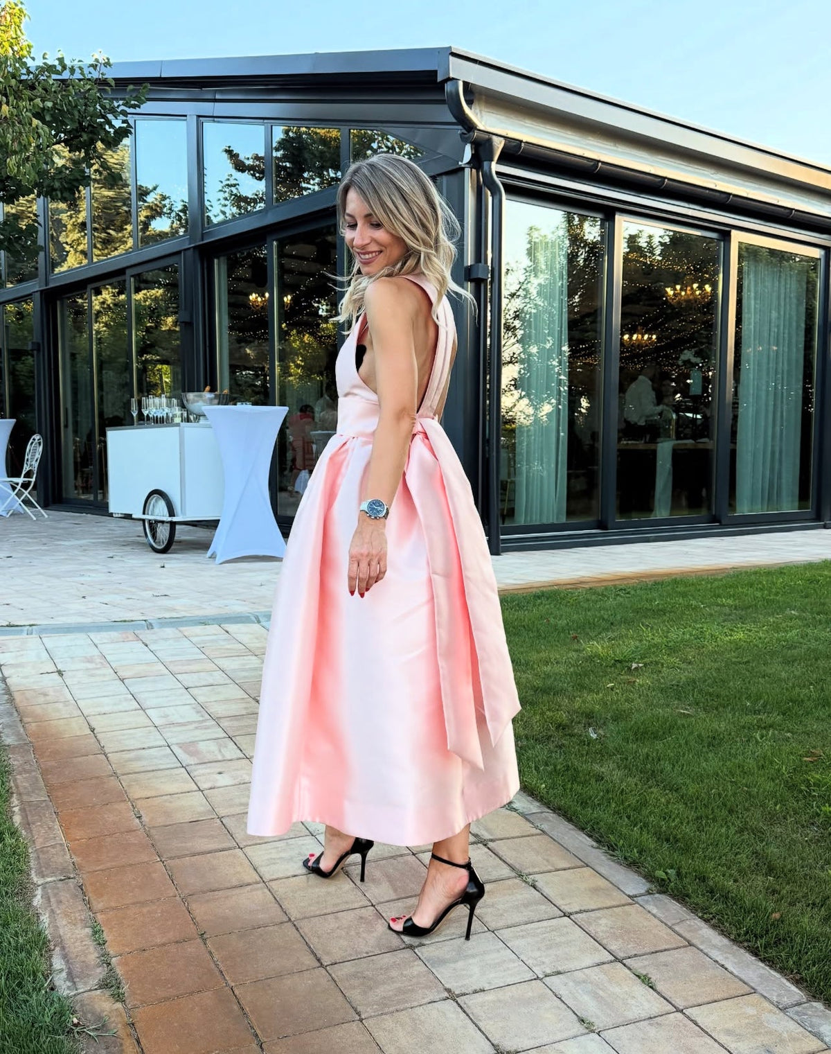 V-Neck Pink A-Line Satin Prom Dress Wedding Guest Dress