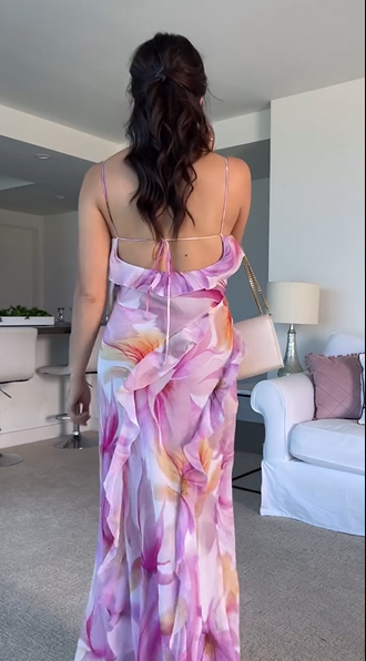 Beautiful Ruffle Graphic Floral Print Low Backless Long Prom Dress Slit Party Evening Dress Y8099 - View 7 | VelvetHem