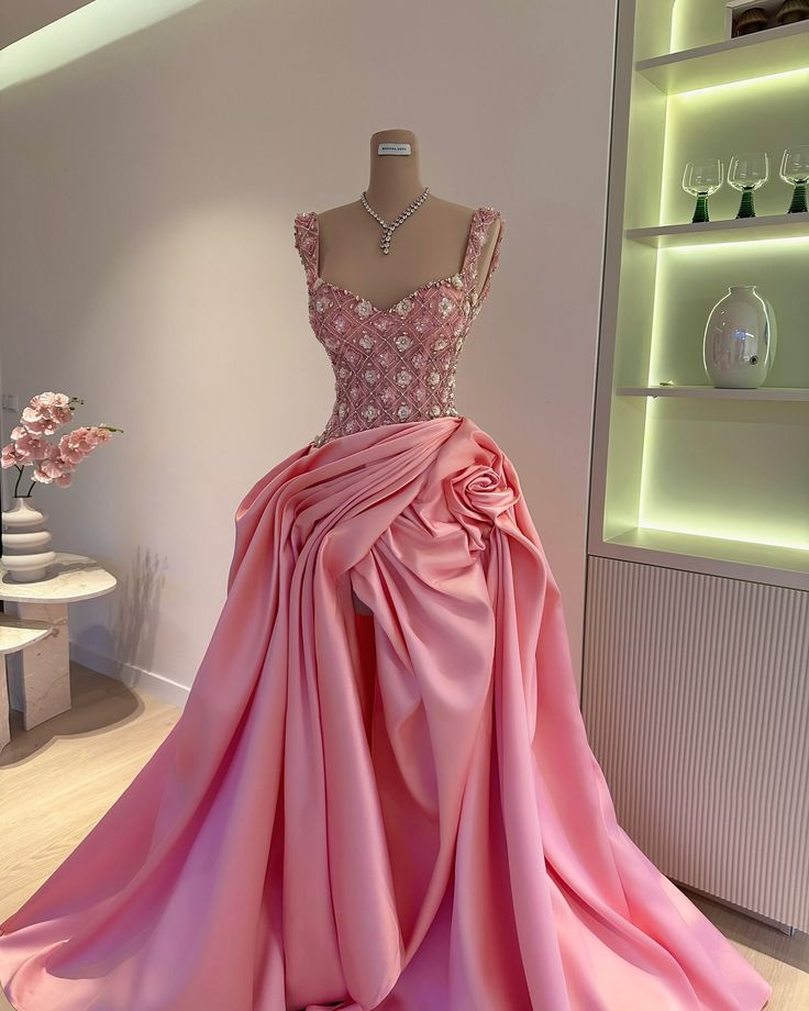 Gorgeous Pink Satin Beaded Mermaid Prom Dress,Long Party Evening Dress