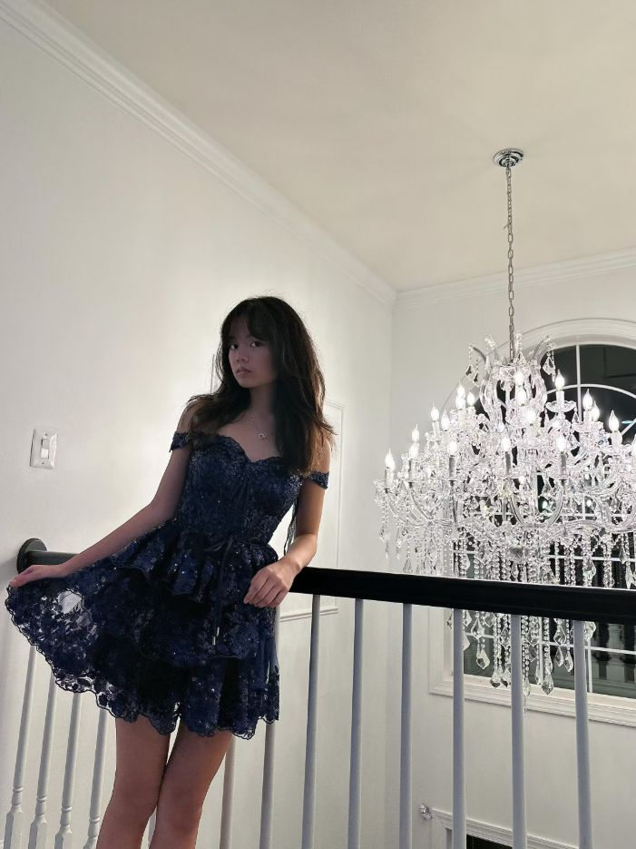 Sexy Off-the-Shoulder Tulle Lace Layered Homecoming Dress,Navy Blue Short Prom Dress - View 3 | FashionDia