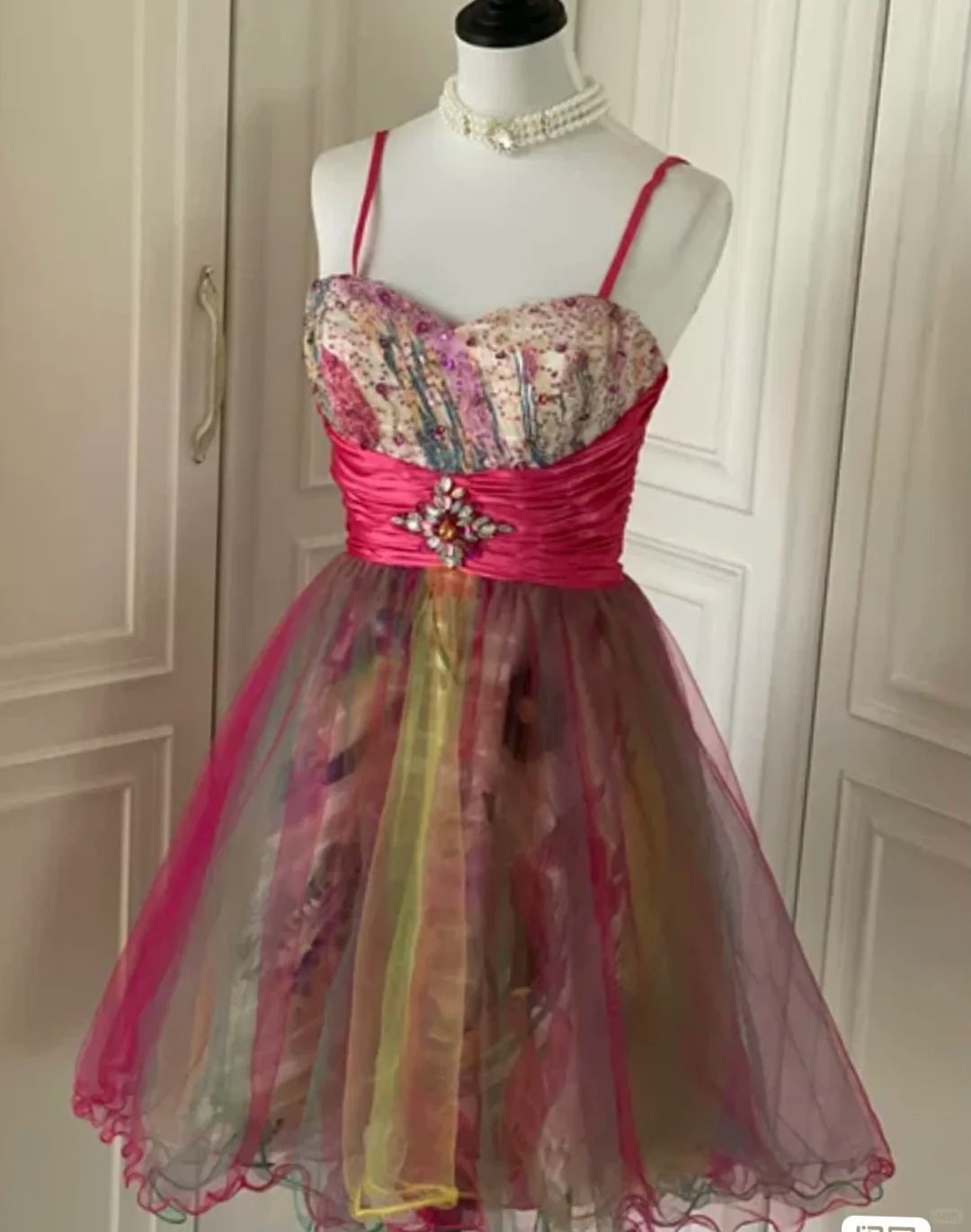 Unique Spaghetti Straps Tulle Sequin A Line Homecoming Dress Mini Party Dress