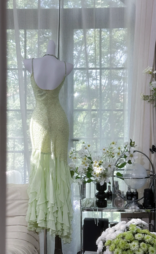 Pretty Spaghetti Straps Light Green Chiffon Beaded Ruffles Mermaid Evening Dress Long Party Dress