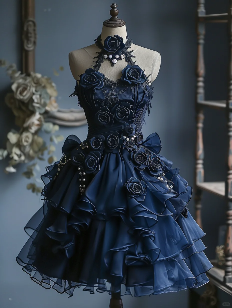Charming Halter Navy Blue Chiffon 3D Flowers Short Birthday Outfits Formal Graduation Homecoming Dress - FashionDia