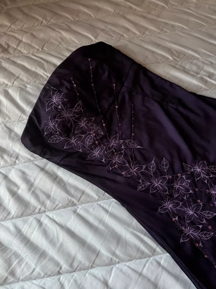 Vintage Strapless Purple Chiffon Satin Beaded Long Birthday Prom Dress Evening Gown - View 7 | FashionDia
