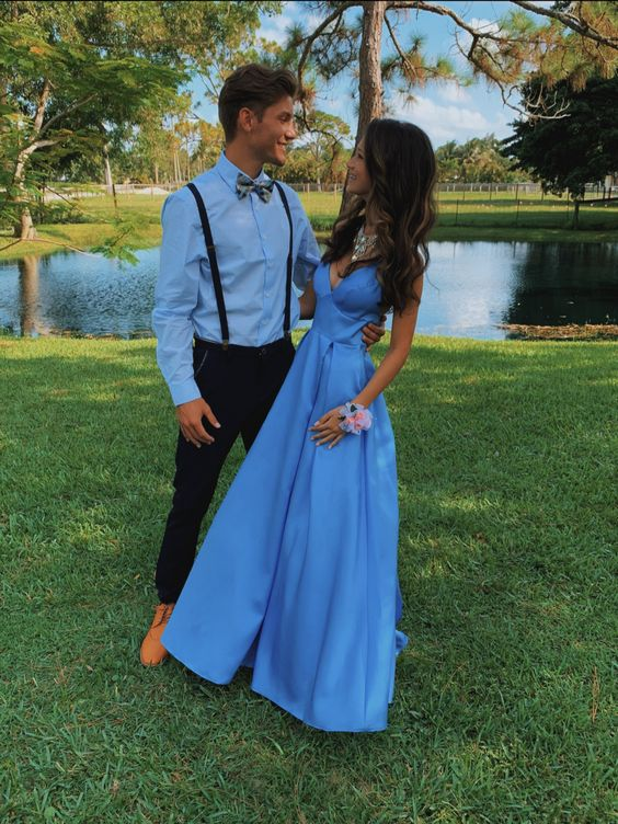Chic A-line Blue V Neck Prom Dress,Blue Formal Dress