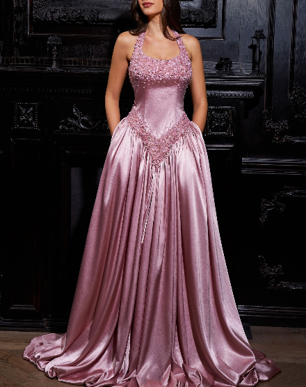 Gorgeous Halter Satin Beaded Long Evening Dress Birthday Party Dress - View 5 | FashionDia