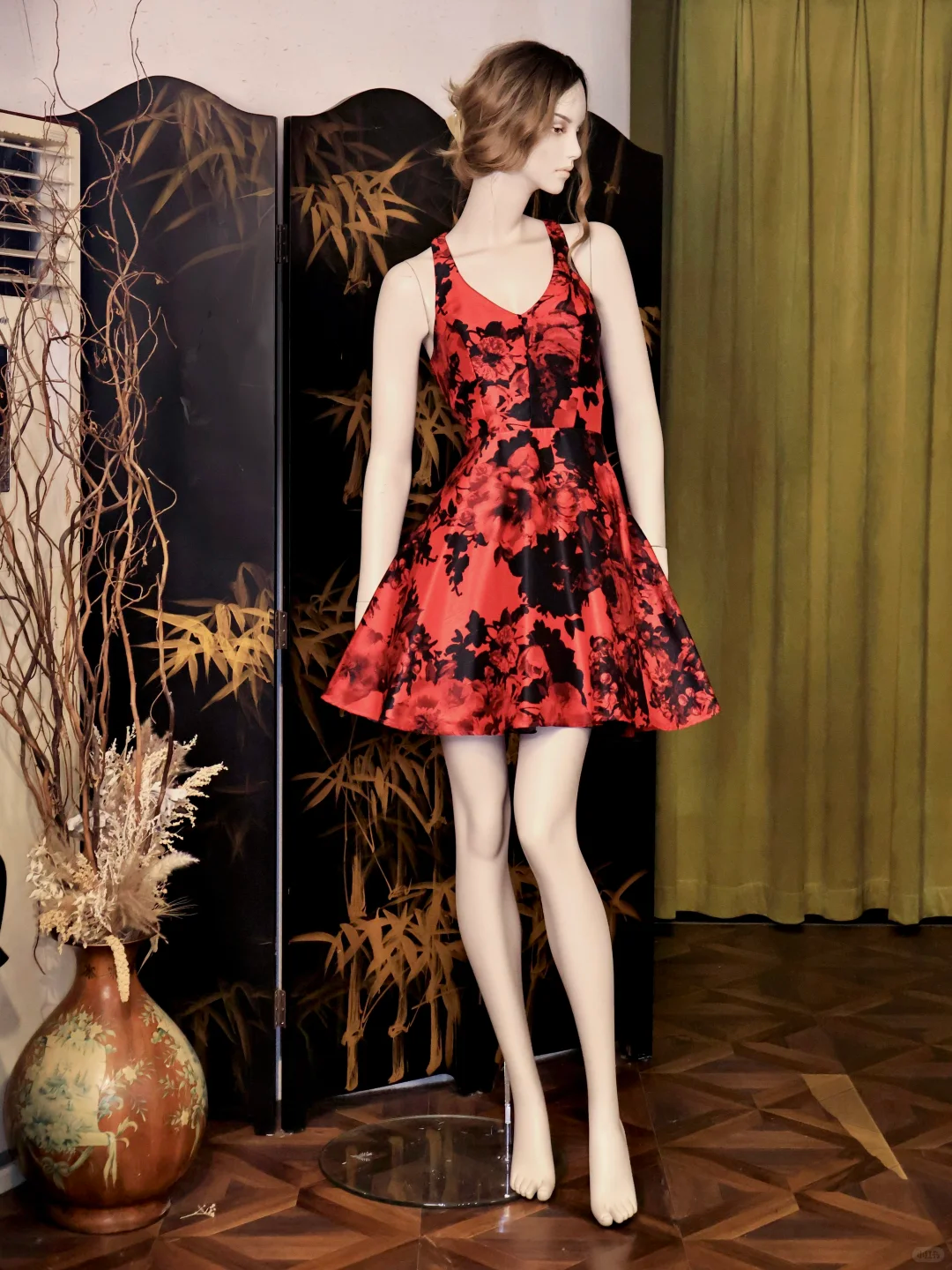 Vintage V Neck Red Satin Print Floral A Line Birthday Party Dress Bow Backless Formal Homecoming Dress