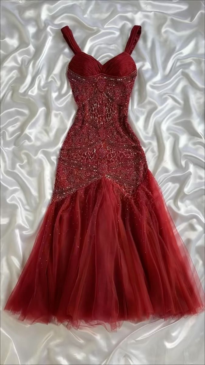 Gorgeous Red V NecK Tulle Sequin Beaded Mermaid Long Evening Dress Formal Birthday Party Dress