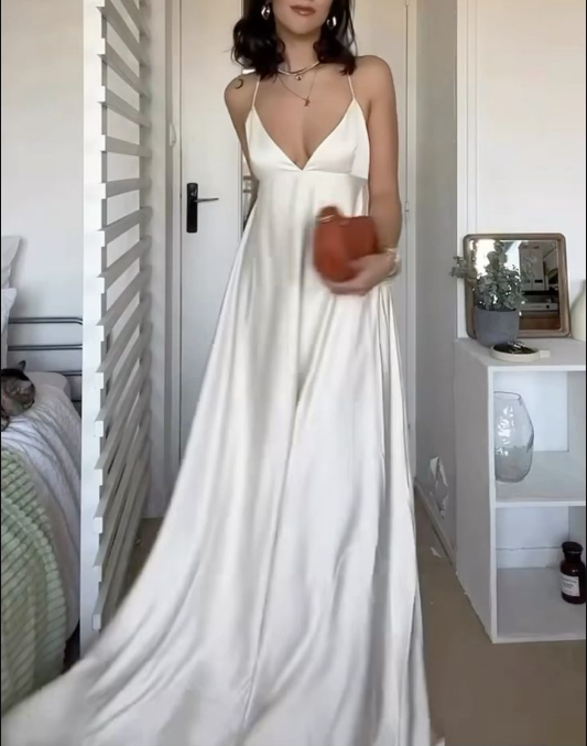 Simple Straps V Neck A Line Party Dress White Satin Prom Dress