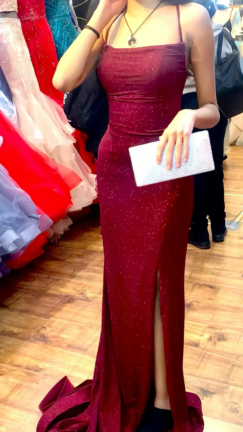 Shiny Burgundy Mermaid Split Prom Party Dress Long Evening Gown