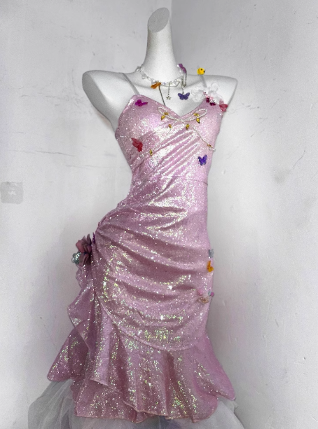 Cute Pink Satin Butterfly Ruffles Short Birthday Dress Graduation Homecoming Dress