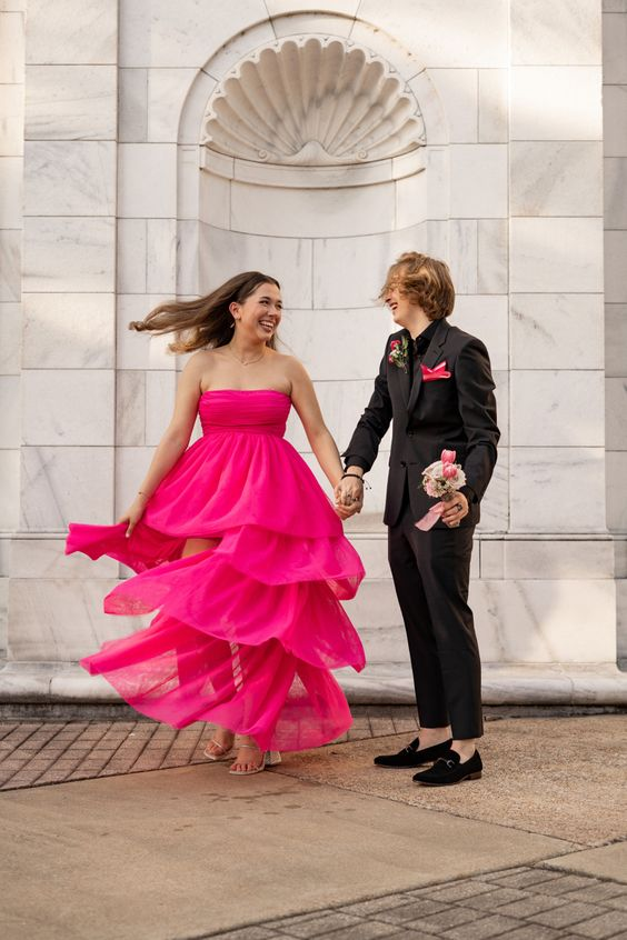 Charming Hot Pink Strapless Prom Dress,Hot Pink Graduation Dress
