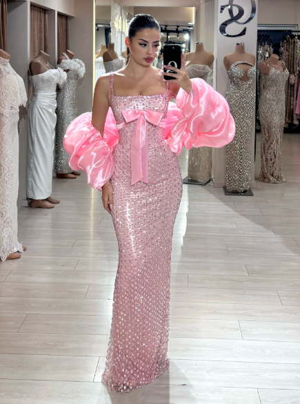 Gorgeous Spaghetti Straps Pink Sequin Beaded Mermaid Evening Dress Long Party Dress - View 9 | FashionDia