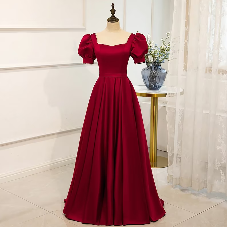 Red Satin Prom Dress Red Dress Puff Sleeve Victorian Dress - FashionDia