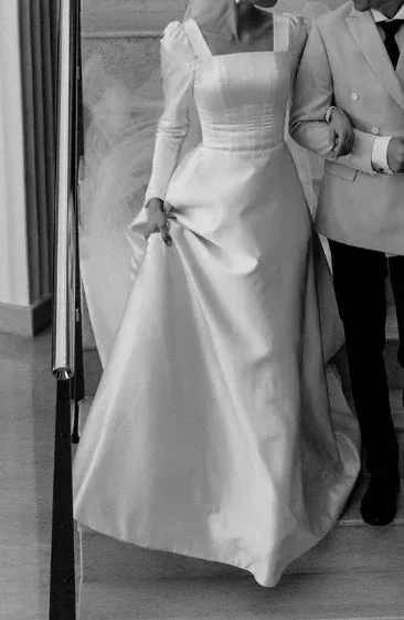 Modest A-line Square Neckline White Satin Wedding Dress (ZD13696)