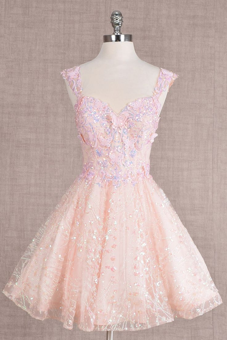Pretty Pink Tulle Lace Butterfly Applique A Line Short Birthday Outfits Formal Homecoming Dress