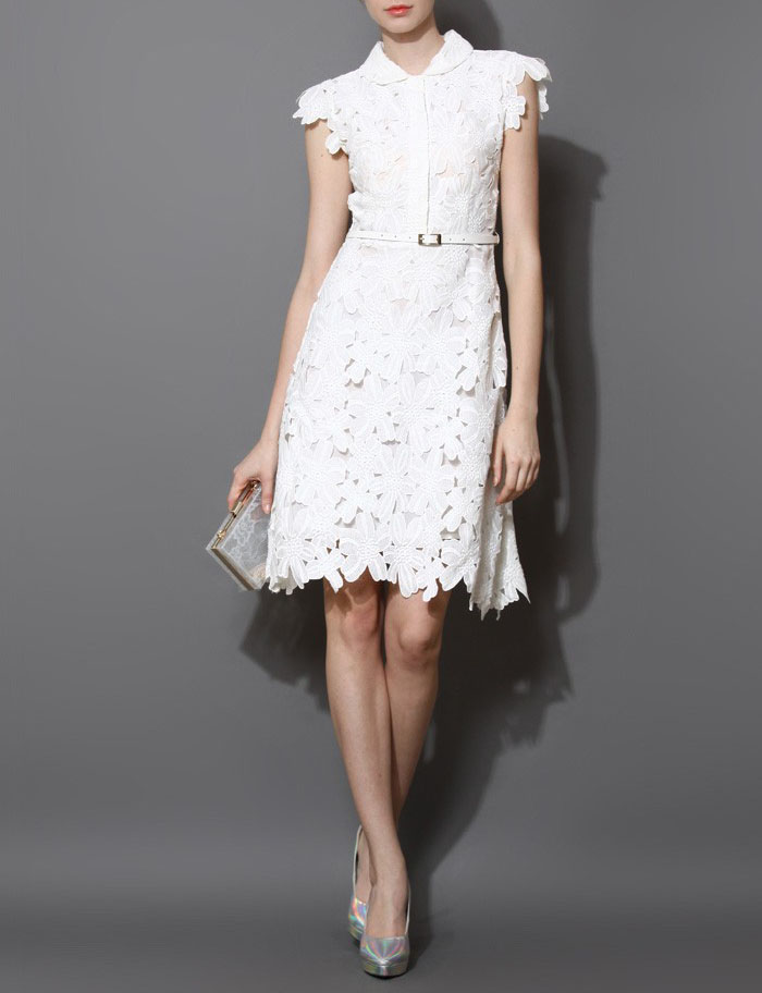 Full flower cut off midi dress women White Lace Midi Mid-Length Night Out Homecoming Dress - View 5 | FashionDia