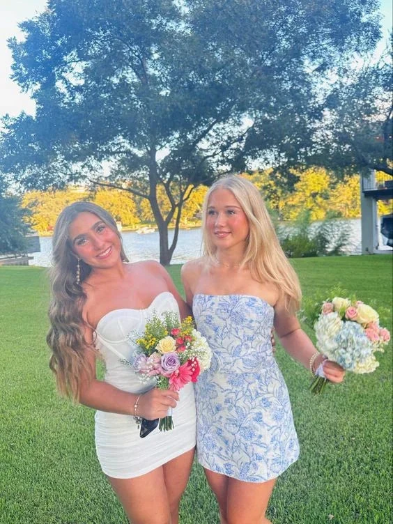 Strapless Blue Floral Mini Homecoming Dress Summer Dress (ZD12093)