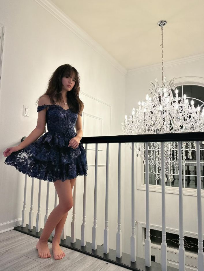 Sexy Off The Shoulder Tulle Lace Layered Homecoming Dress,Navy Blue Short Prom Dress