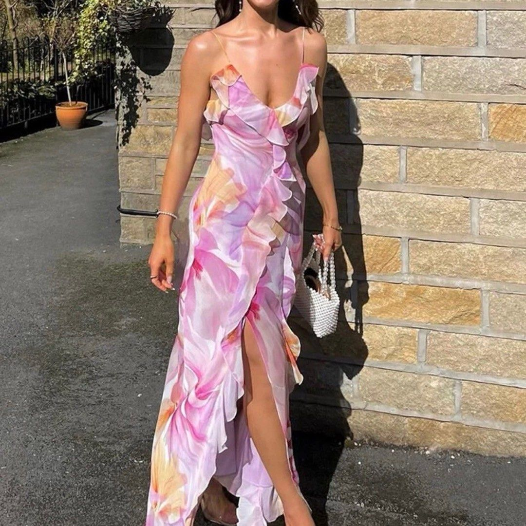 Beautiful Ruffle Graphic Floral Print Low Backless Long Prom Dress Slit Party Evening Dress Y8099 - View 4 | VelvetHem