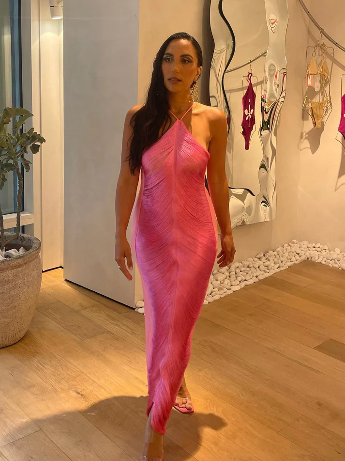 Classy Hot Pink Halter Satin Backless Prom Evening Dress,Slit Party Gown - View 2 | FashionDia