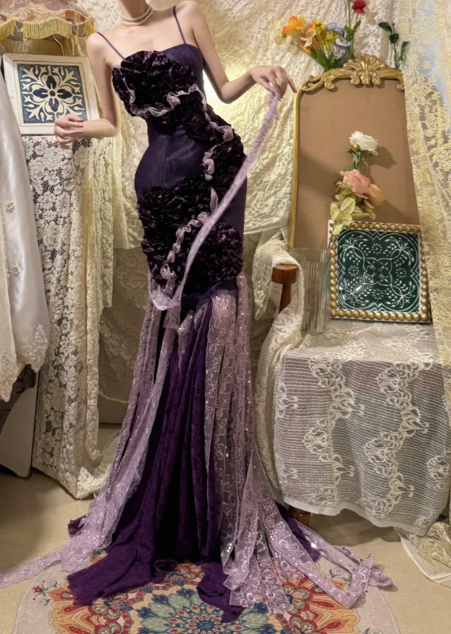 Glamorous Purple Spaghetti Straps Satin Lace Pleated Mermaid Long Party Dress Formal Birthday Prom Dress Evening Gown - View 2 | FashionDia