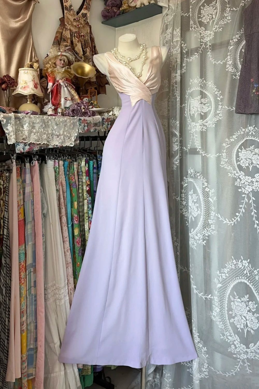 Retro V Neck Lilac Satin Mermaid Long Party Dress Prom Gown