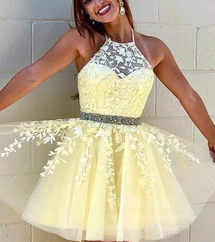 Corset Halter Short Graduation Dress White Lace Cocktail Party Dress for Junior Girls Beaded Belt - View 3 | FashionDia