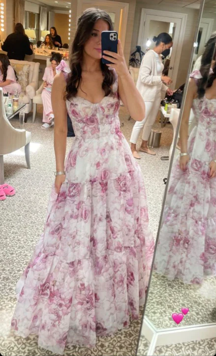 Classy Rose Print Floral Chiffon A-Line Prom Evening Dress,Long Party Gown - View 4 | FashionDia