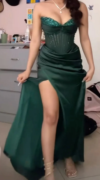 Vintage Green Strapless Sequins Satin Slit Evening Dress,Mermaid Party Prom Dress - View 4 | FashionDia