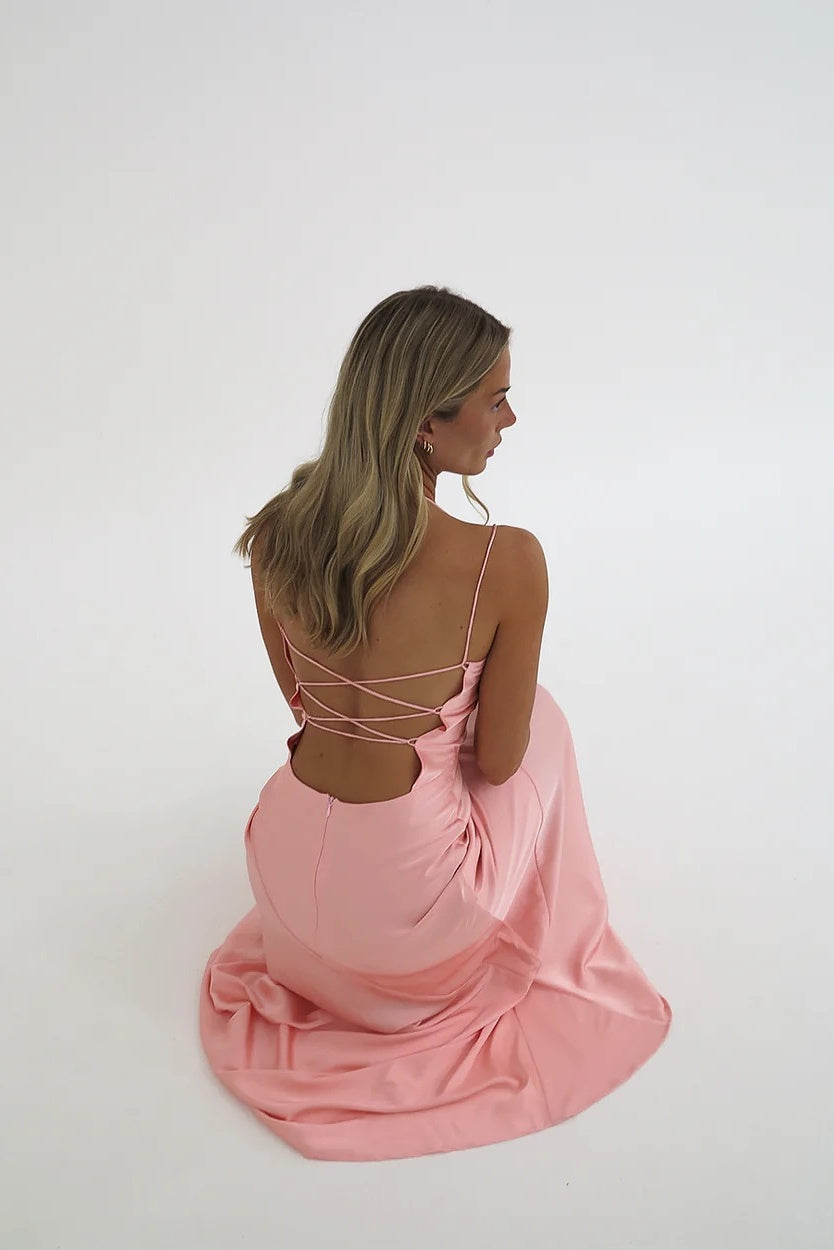 Simple Sheath Spaghetti Straps Pink Long Party Dress with Split Front - View 2 | FashionDia