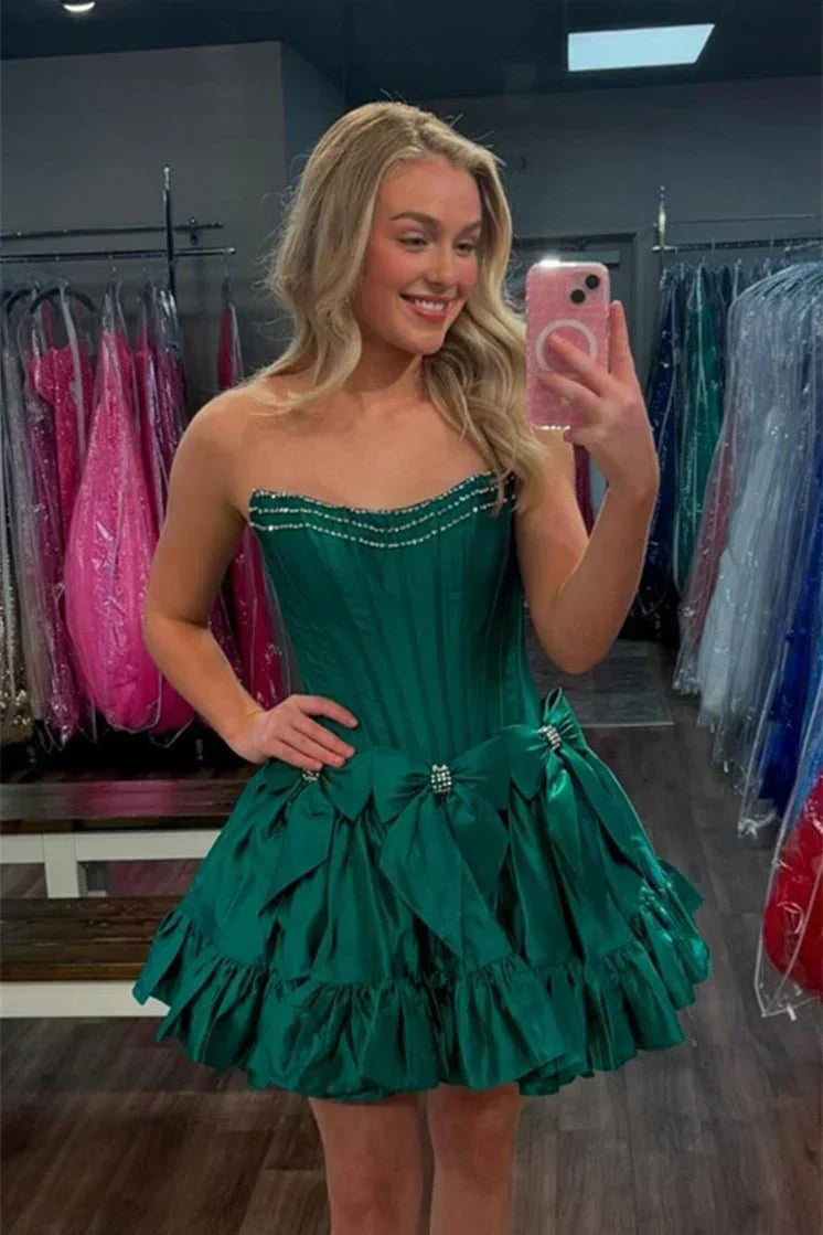 Princess A-Line Strapless Red Corset Homecoming Dress with Bowknot