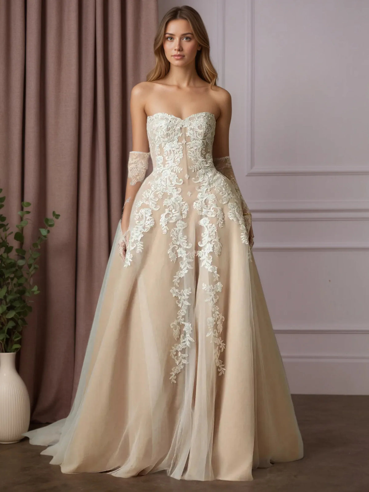 White Champagne Ball-Gown Strapless Lace Wedding Dress - VelvetHem